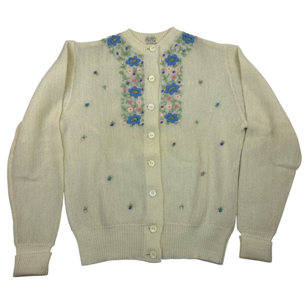 Vintage Kofler Womens Button-Up Cardigan With Floral Embroidery Cream
