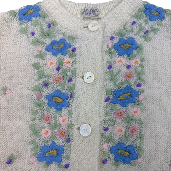 Vintage Kofler Womens Button-Up Cardigan With Floral Embroidery Cream