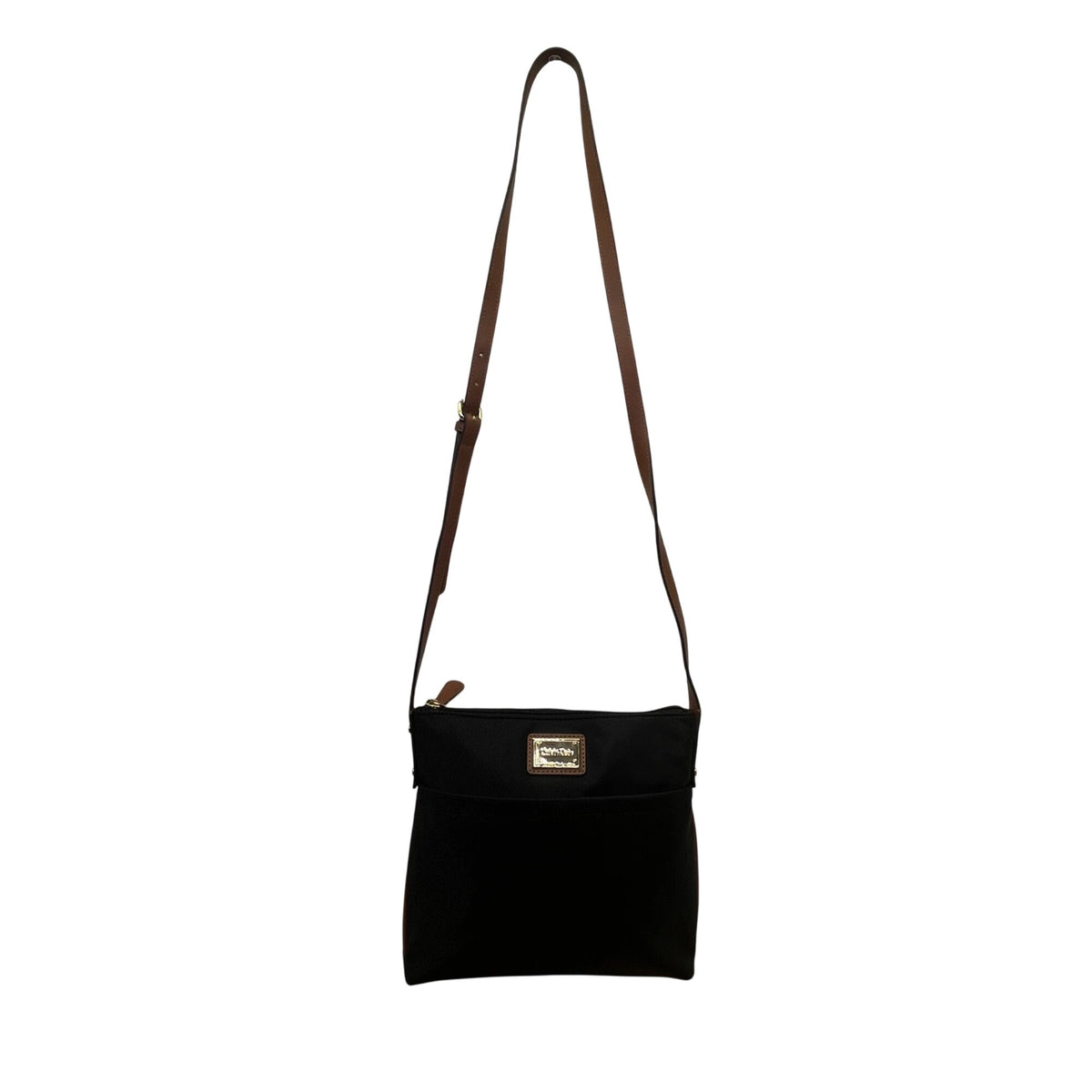 Calvin Klein Women’s Black Nylon Gold Logo Plate Adjustable Strap Crossbody Bag
