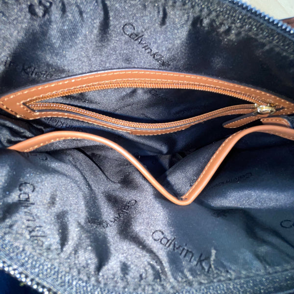 Calvin Klein Women’s Black Nylon Gold Logo Plate Adjustable Strap Crossbody Bag