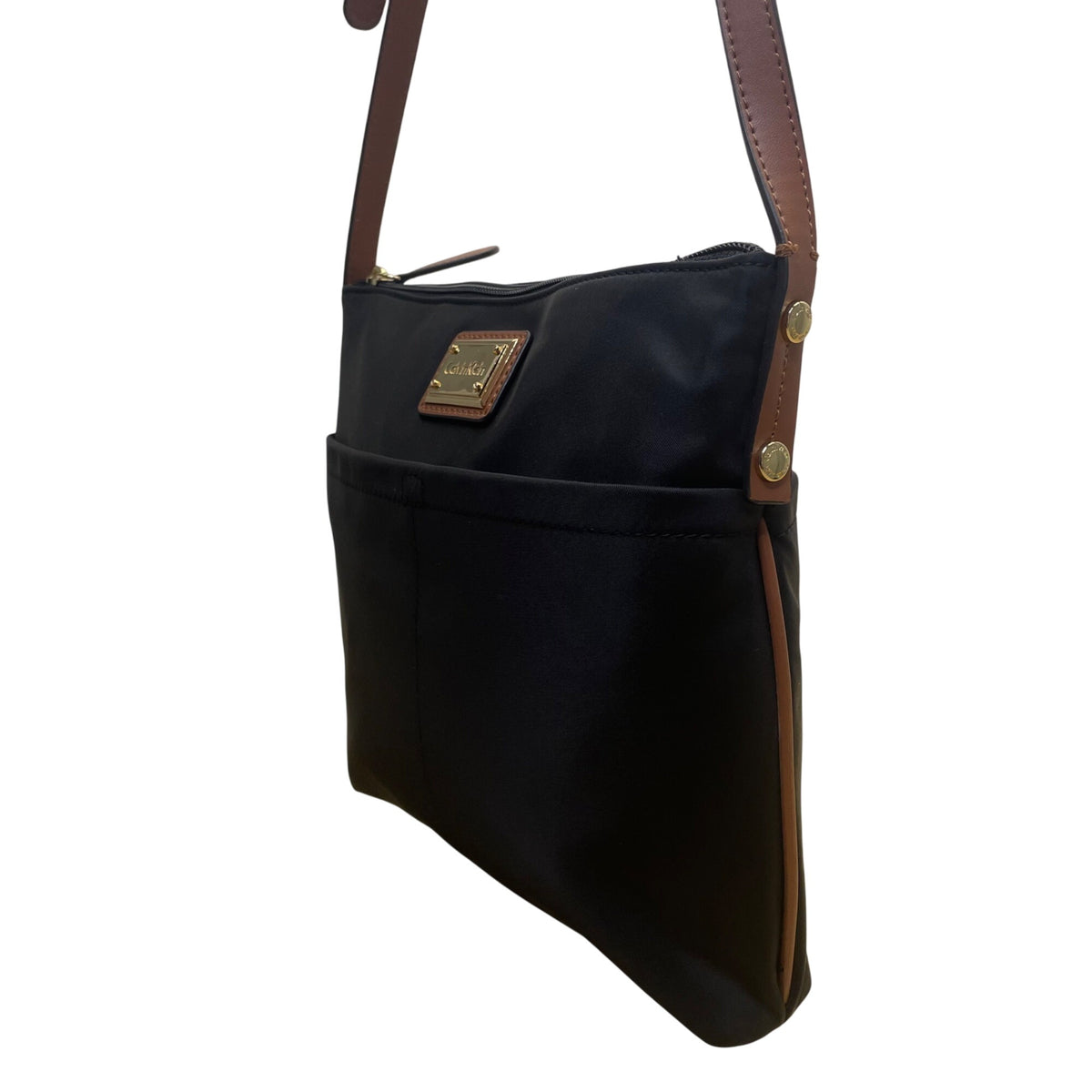 Calvin Klein Women’s Black Nylon Gold Logo Plate Adjustable Strap Crossbody Bag