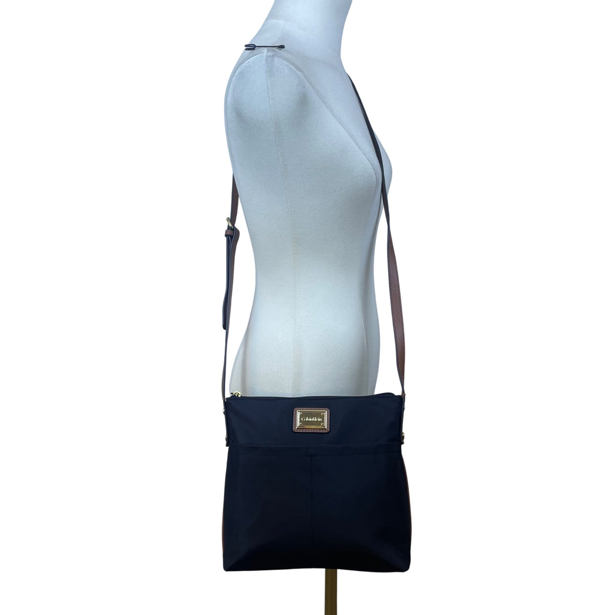 Calvin Klein Women’s Black Nylon Gold Logo Plate Adjustable Strap Crossbody Bag