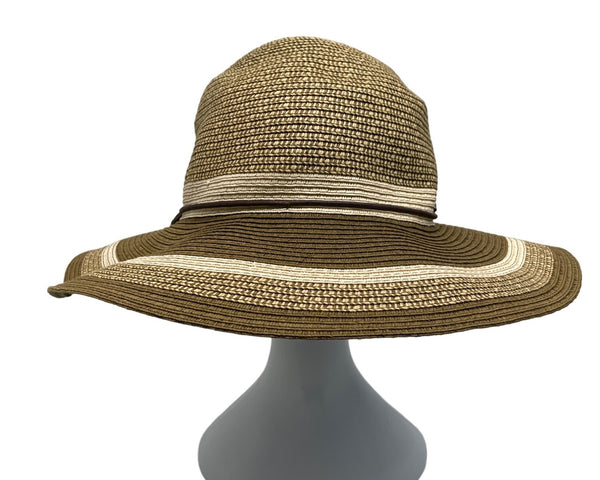 Wallaroo Sun Hat Beige/Brown Striped Wide Brim Paper Braid Adjustable Size