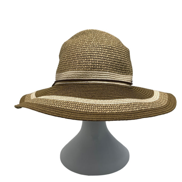 Wallaroo Sun Hat Beige/Brown Striped Wide Brim Paper Braid Adjustable Size