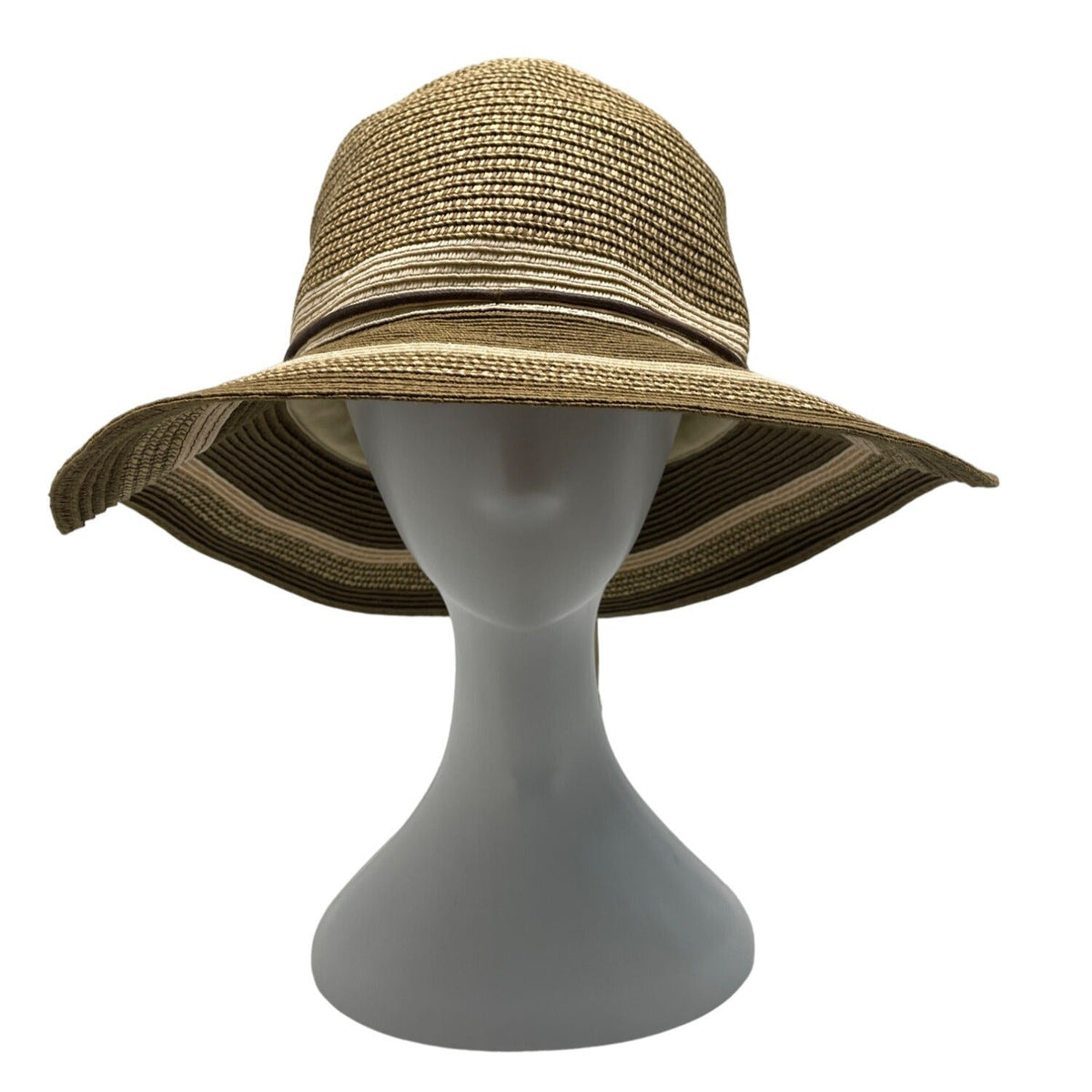 Wallaroo Sun Hat Beige/Brown Striped Wide Brim Paper Braid Adjustable Size