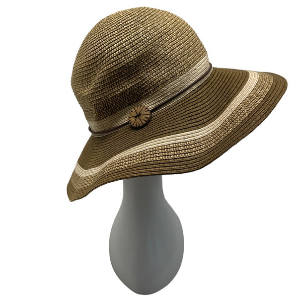 Wallaroo Sun Hat Beige/Brown Striped Wide Brim Paper Braid Adjustable Size