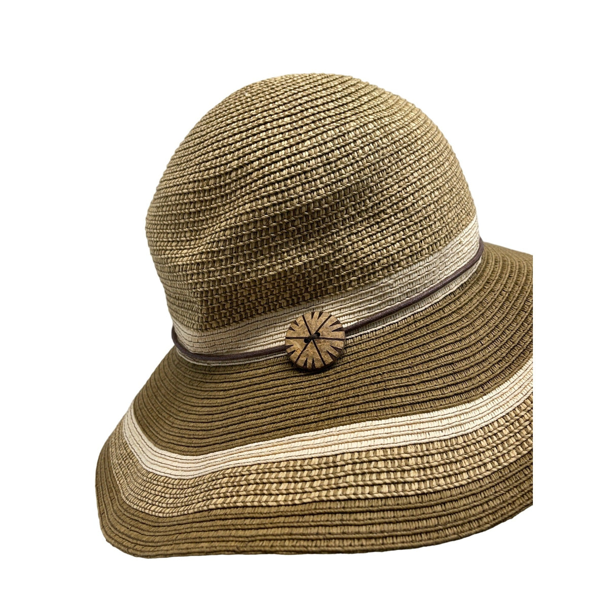 Wallaroo Sun Hat Beige/Brown Striped Wide Brim Paper Braid Adjustable Size