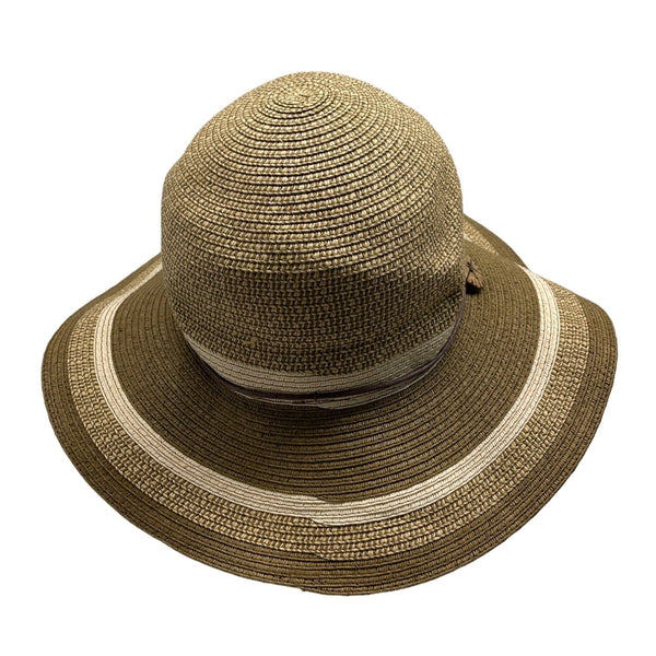 Wallaroo Sun Hat Beige/Brown Striped Wide Brim Paper Braid Adjustable Size