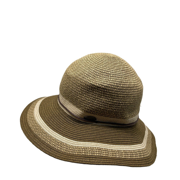 Wallaroo Sun Hat Beige/Brown Striped Wide Brim Paper Braid Adjustable Size