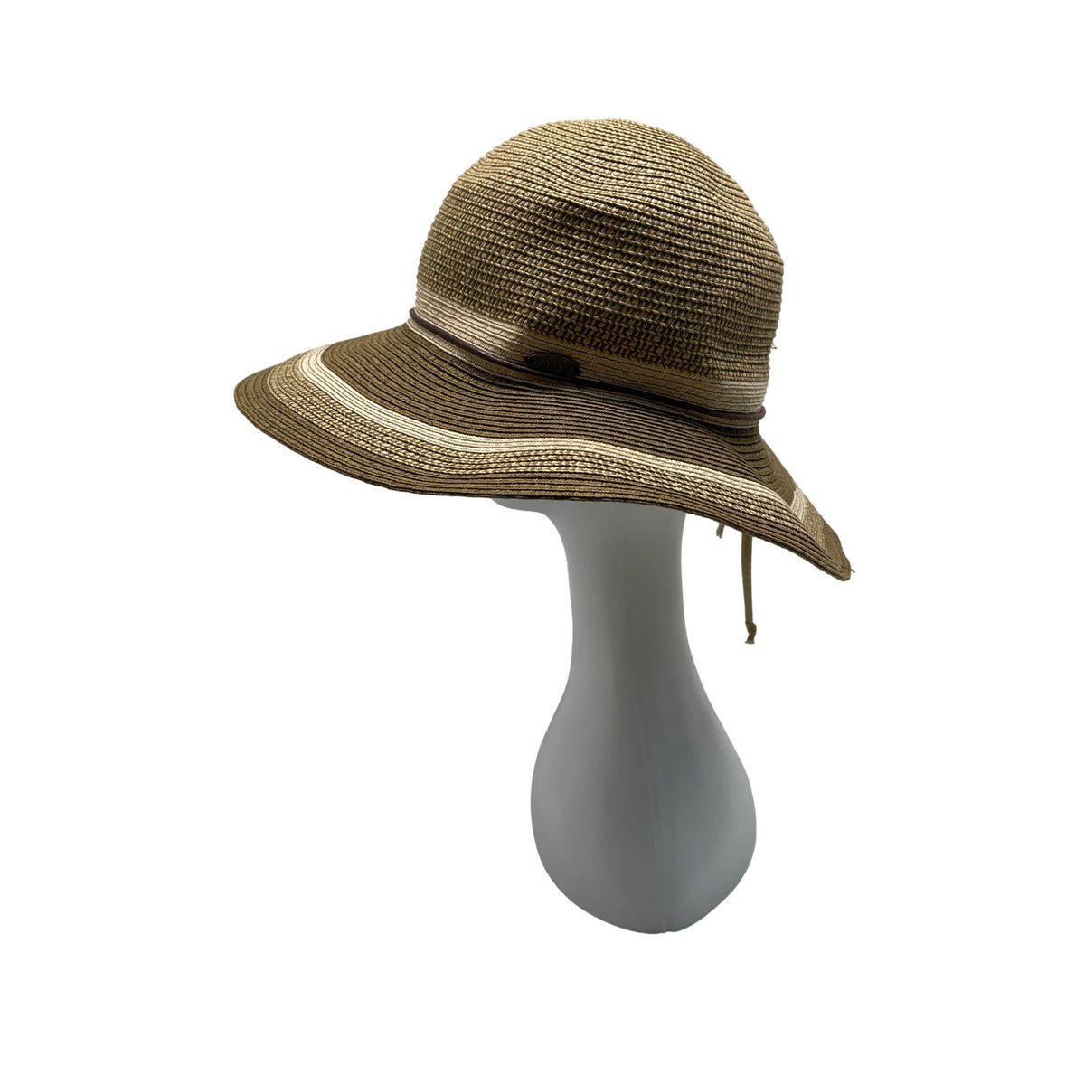 Wallaroo Sun Hat Beige/Brown Striped Wide Brim Paper Braid Adjustable Size
