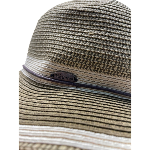 Wallaroo Sun Hat Beige/Brown Striped Wide Brim Paper Braid Adjustable Size