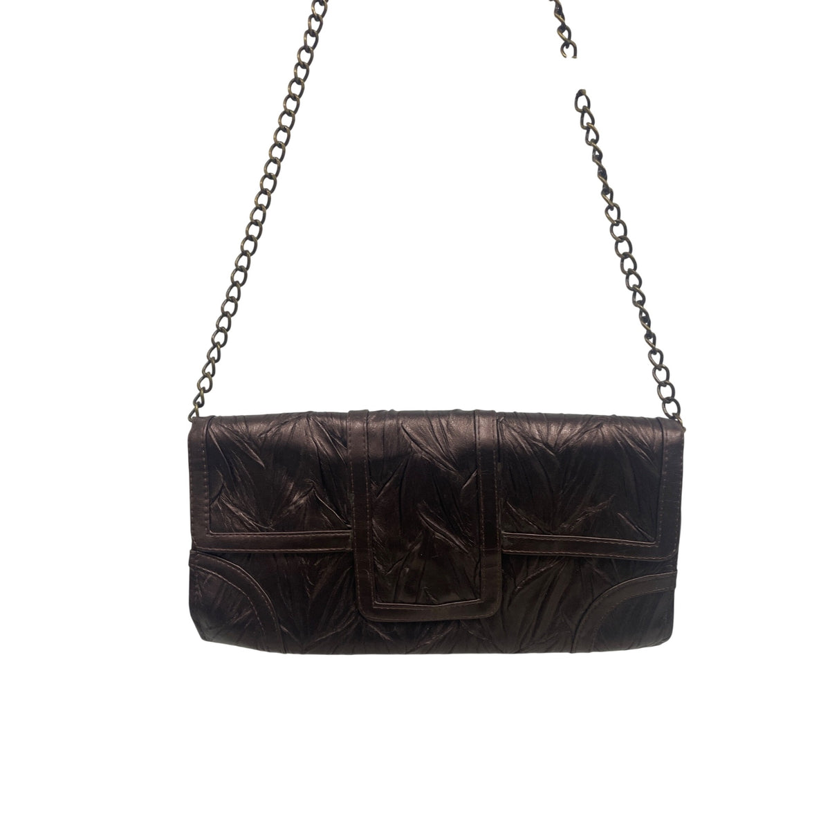 Jessica Mcclintock Womens Brown Satin Embossed Leaf Clutch Shoulder Bag Chain Strap