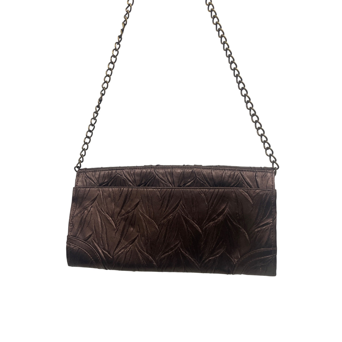 Jessica Mcclintock Womens Brown Satin Embossed Leaf Clutch Shoulder Bag Chain Strap