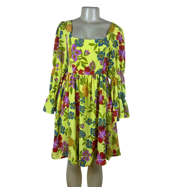 Oddi Womens Yellow Floral Polyester Spandex Square-Neck Dress Long Sleeve Size S