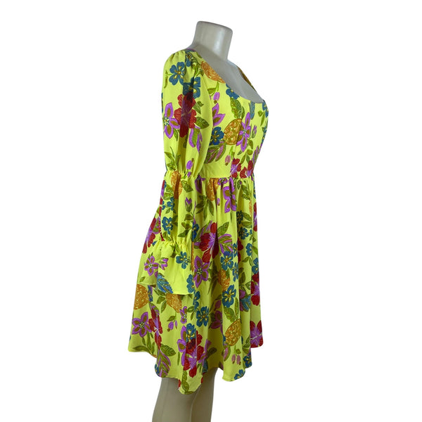 Oddi Womens Yellow Floral Polyester Spandex Square-Neck Dress Long Sleeve Size S