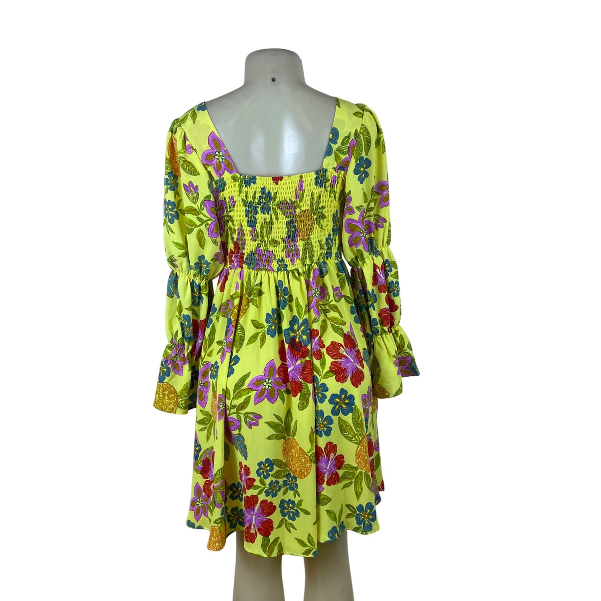 Oddi Womens Yellow Floral Polyester Spandex Square-Neck Dress Long Sleeve Size S
