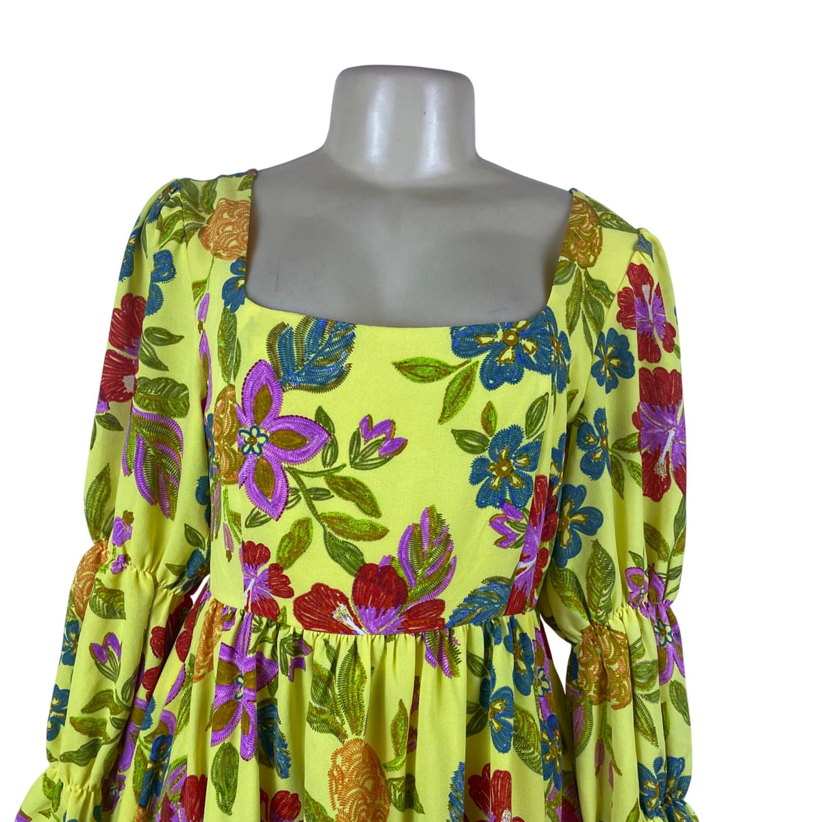 Oddi Womens Yellow Floral Polyester Spandex Square-Neck Dress Long Sleeve Size S