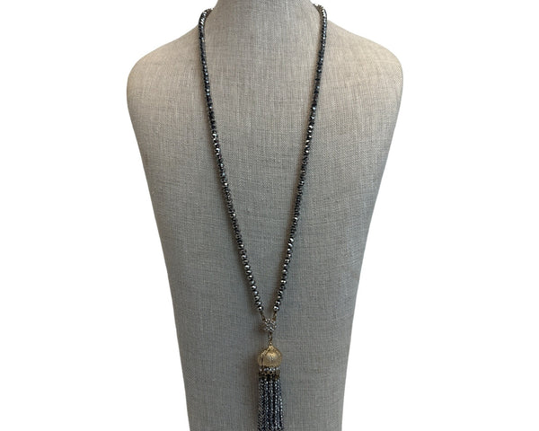 Crystal Beads Necklace with CZ Silver Beads and Tassel - 32in