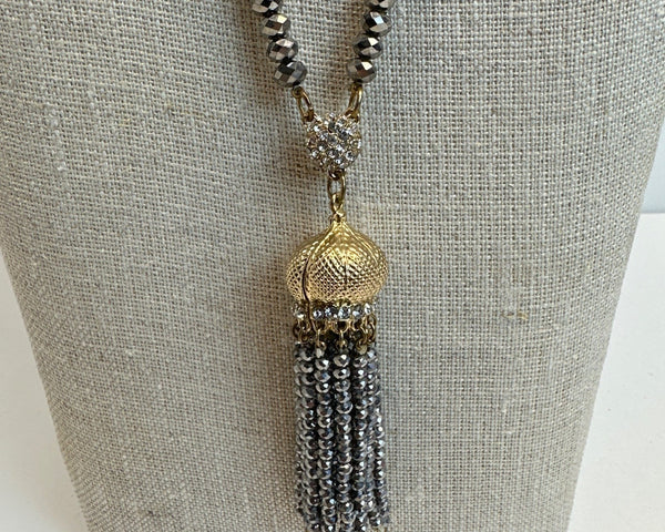 Crystal Beads Necklace with CZ Silver Beads and Tassel - 32in
