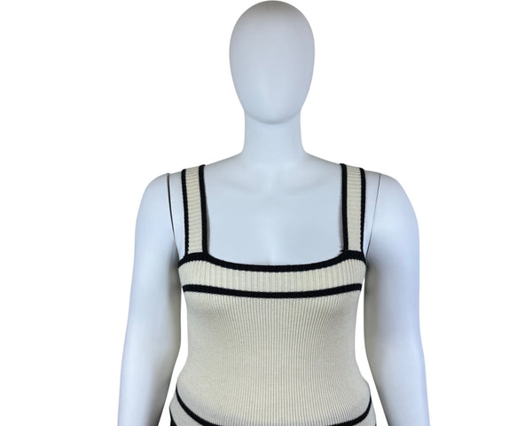 E&M Womens Beige & Black Knit Tank Top Stretch Material Square Neck Stripes Sz L