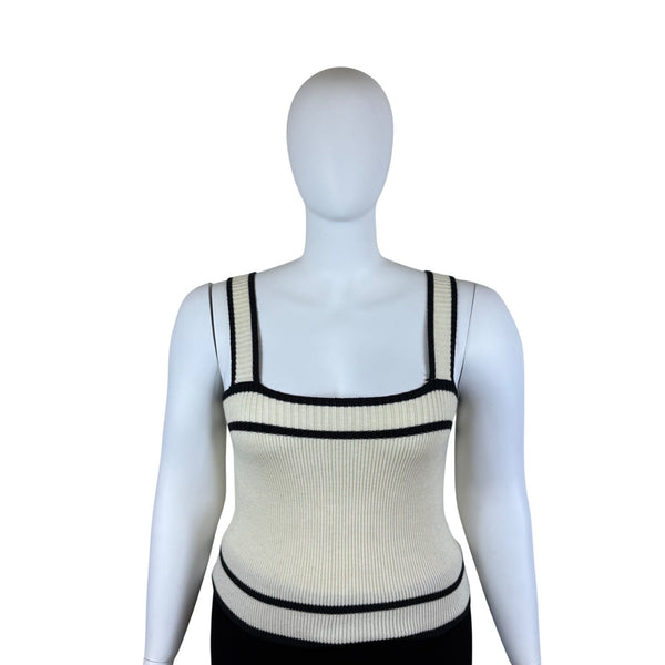 E&M Womens Beige & Black Knit Tank Top Stretch Material Square Neck Stripes Sz L