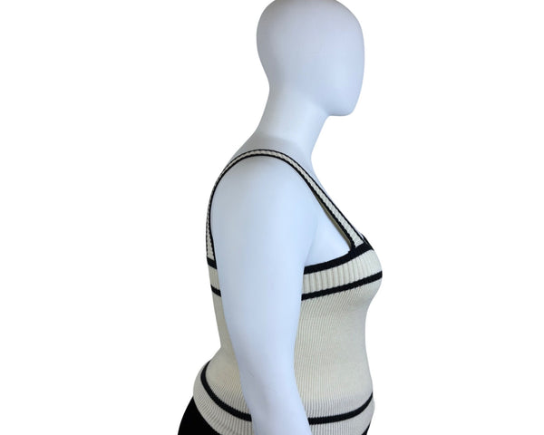 E&M Womens Beige & Black Knit Tank Top Stretch Material Square Neck Stripes Sz L