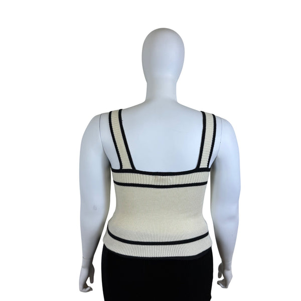 E&M Womens Beige & Black Knit Tank Top Stretch Material Square Neck Stripes Sz L