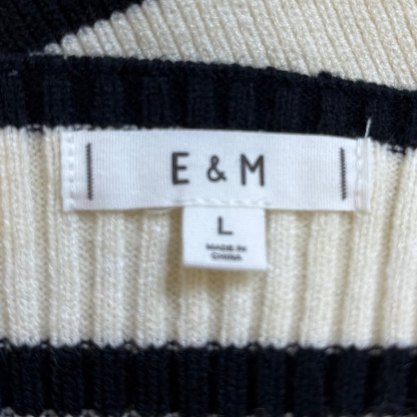 E&M Womens Beige & Black Knit Tank Top Stretch Material Square Neck Stripes Sz L