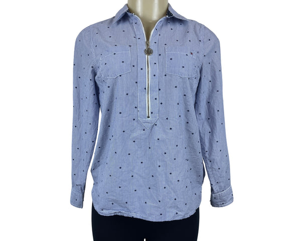 Tommy Hilfiger Blue & White Striped Star Print Womens Long Sleeve Shirt Sz PS