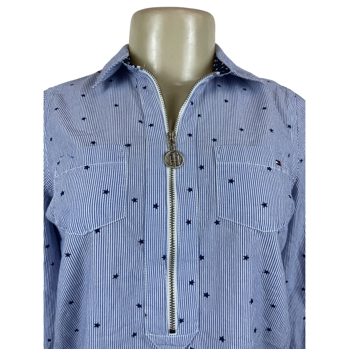 Tommy Hilfiger Blue & White Striped Star Print Womens Long Sleeve Shirt Sz PS