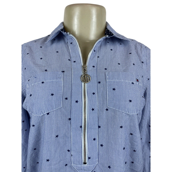 Tommy Hilfiger Blue & White Striped Star Print Womens Long Sleeve Shirt Sz PS