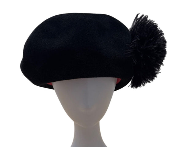 Black Bellini Originals Wool Beret Hat With Pom Pom Accent & Pink Lining