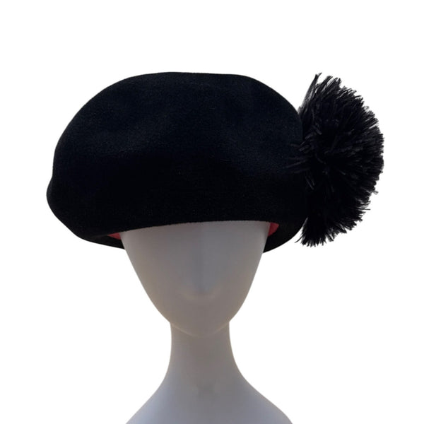 Black Bellini Originals Wool Beret Hat With Pom Pom Accent & Pink Lining