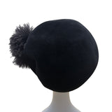 Black Bellini Originals Wool Beret Hat With Pom Pom Accent & Pink Lining