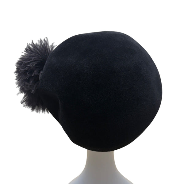 Black Bellini Originals Wool Beret Hat With Pom Pom Accent & Pink Lining