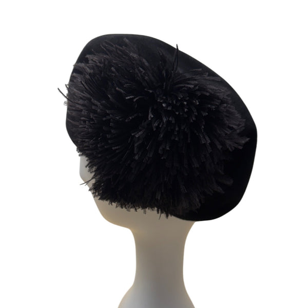Black Bellini Originals Wool Beret Hat With Pom Pom Accent & Pink Lining