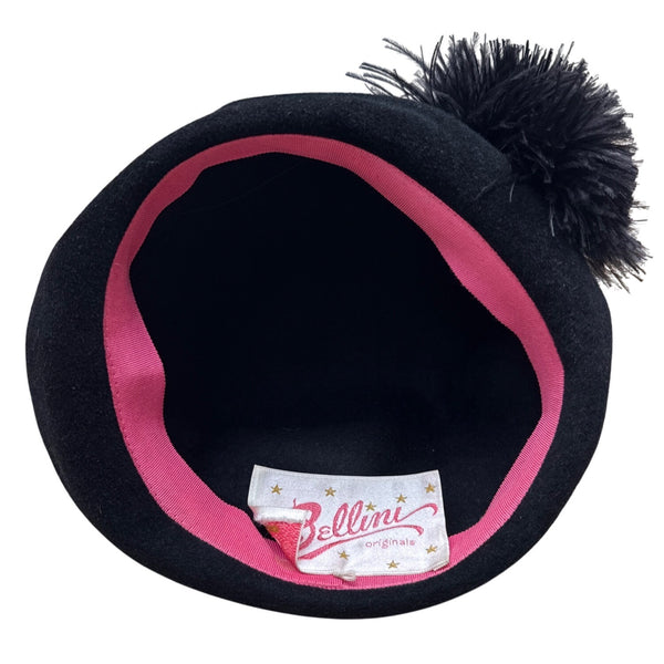 Black Bellini Originals Wool Beret Hat With Pom Pom Accent & Pink Lining