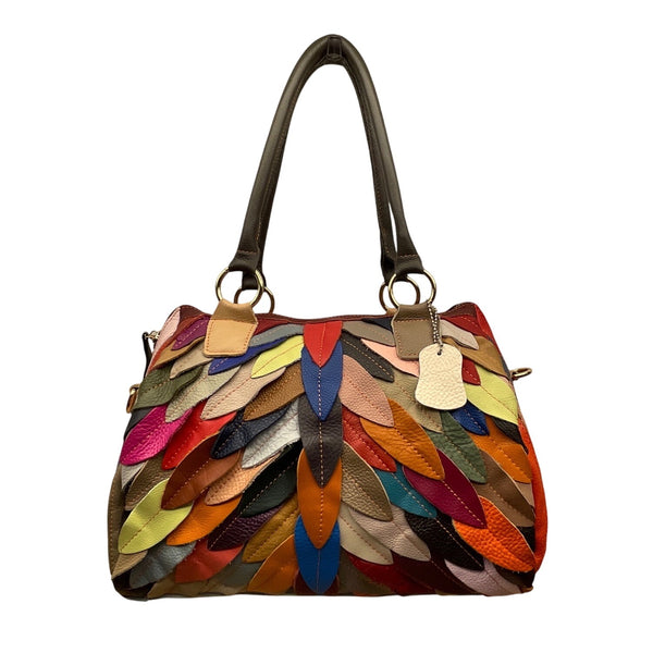 Handcrafted Multicolored Leather Patchwork With Dual Handles Crossbody Bag