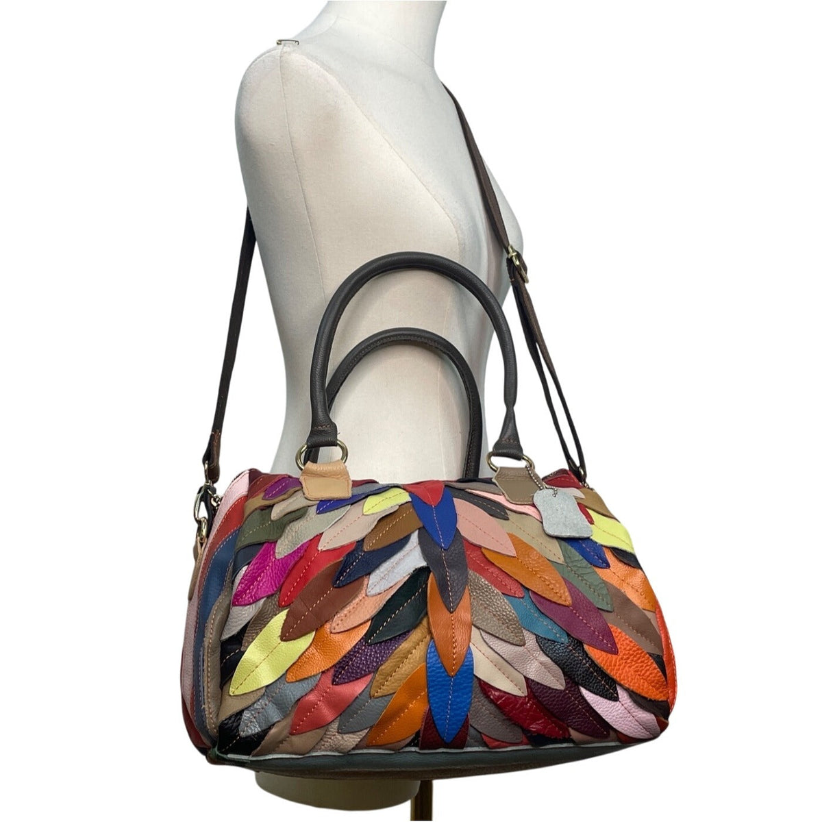 Handcrafted Multicolored Leather Patchwork With Dual Handles Crossbody Bag