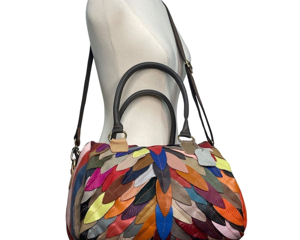 Handcrafted Multicolored Leather Patchwork With Dual Handles Crossbody Bag