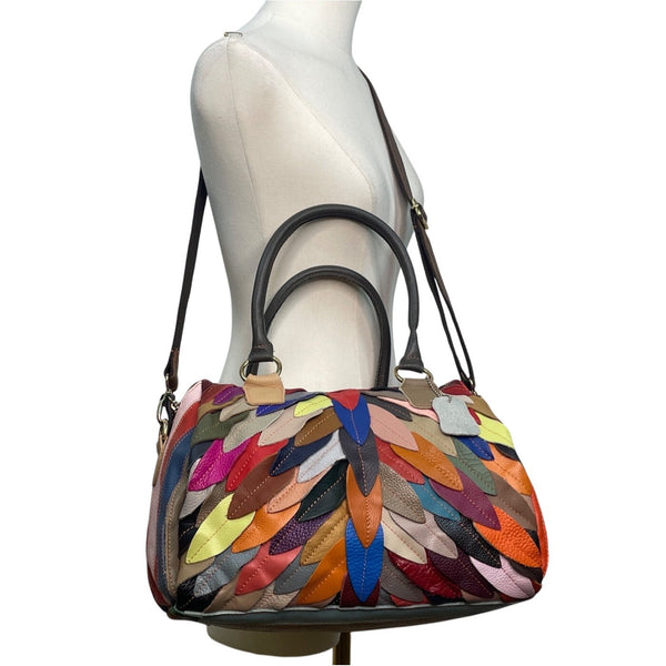 Handcrafted Multicolored Leather Patchwork With Dual Handles Crossbody Bag