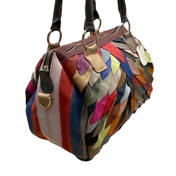 Handcrafted Multicolored Leather Patchwork With Dual Handles Crossbody Bag