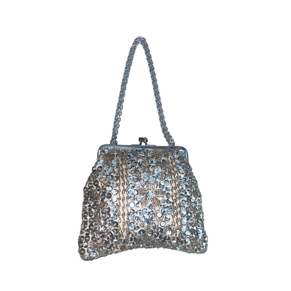 Unbranded Women's Silver Beads Sequins Kiss Lock Evening Hand Clutch Sz S