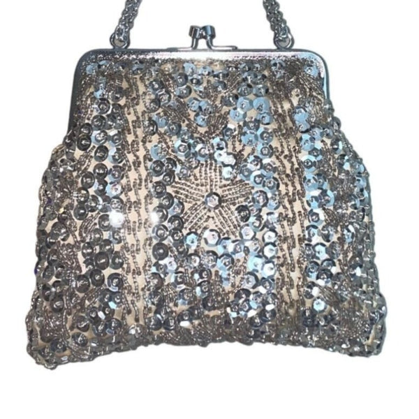 Unbranded Women's Silver Beads Sequins Kiss Lock Evening Hand Clutch Sz S