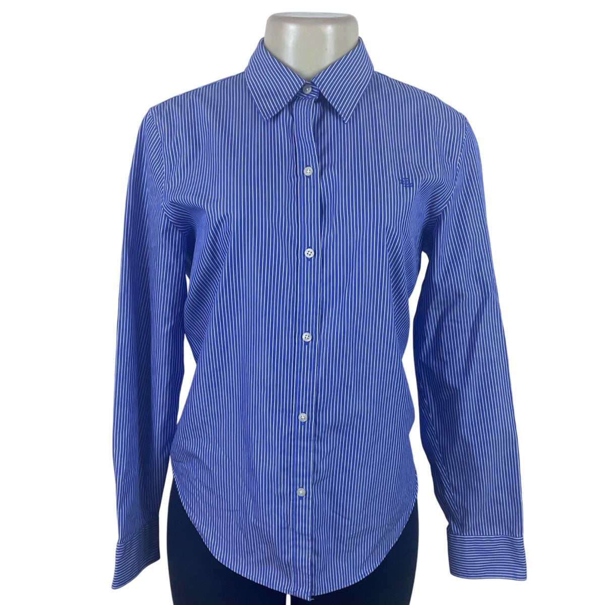 Ralph Lauren Womens Blue Striped Cotton Button-Down Collared Shirt Adjustable Cuffs M