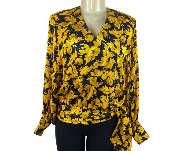 Vintage Giuliana Yellow Black Floral Wrap Blouse With Tie Waist Long Sleeve Sz 8