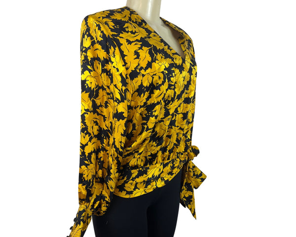Vintage Giuliana Yellow Black Floral Wrap Blouse With Tie Waist Long Sleeve Sz 8
