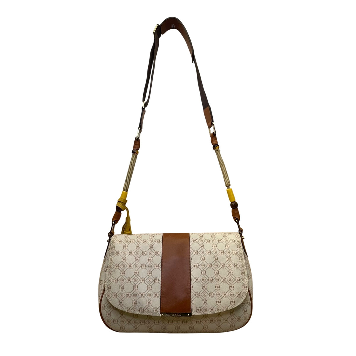 Vakko Women’s Beige/Brown Leather Monogram Tassel Adjustable Strap Crossbody Bag