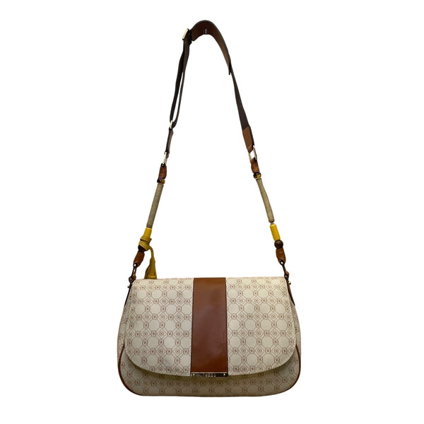 Vakko Women’s Beige/Brown Leather Monogram Tassel Adjustable Strap Crossbody Bag