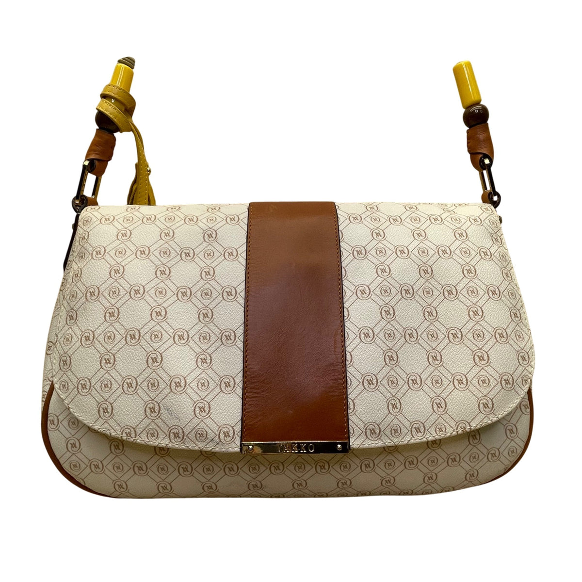 Vakko Women’s Beige/Brown Leather Monogram Tassel Adjustable Strap Crossbody Bag